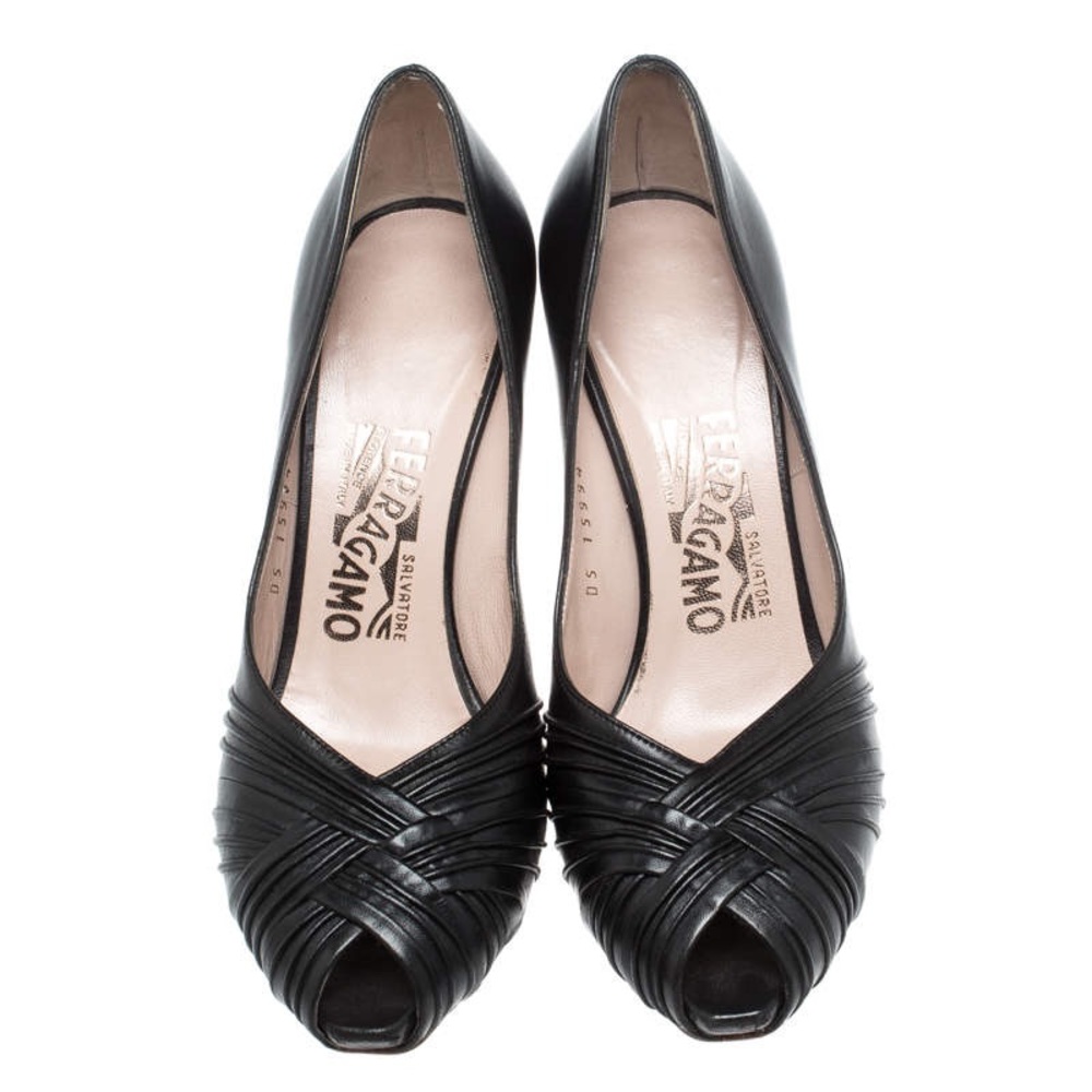 Vintage Salvatore Ferragamo Black Pleated Leather Peep Toe Pumps Size 38